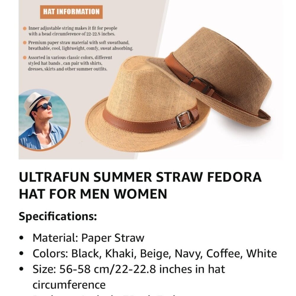 Ultrafun Straw Fedora Hat Classic Manhattan brown khaki Uni Excellent condition - Picture 11 of 12